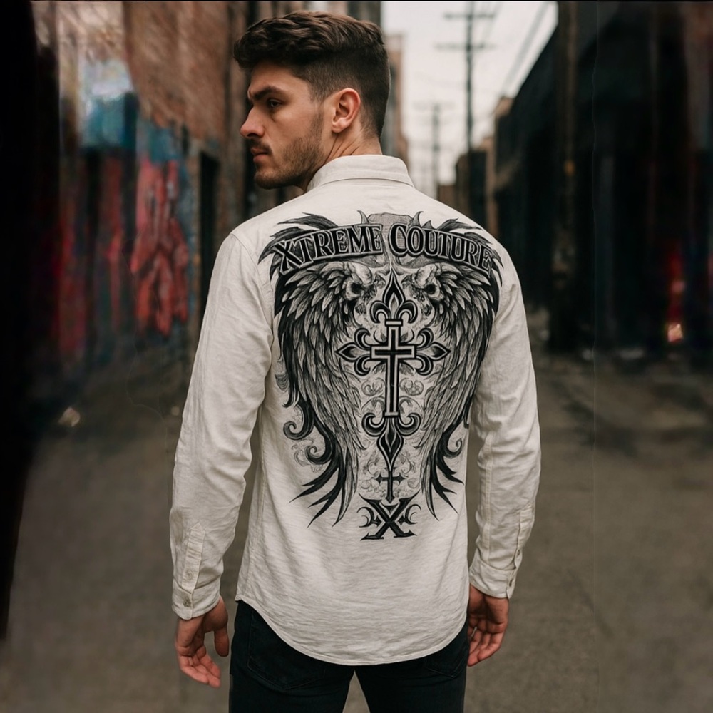 Xtreme Couture Men’s Textured Winged Cross Graphic Button-Up Mens Shirt Sz L💛